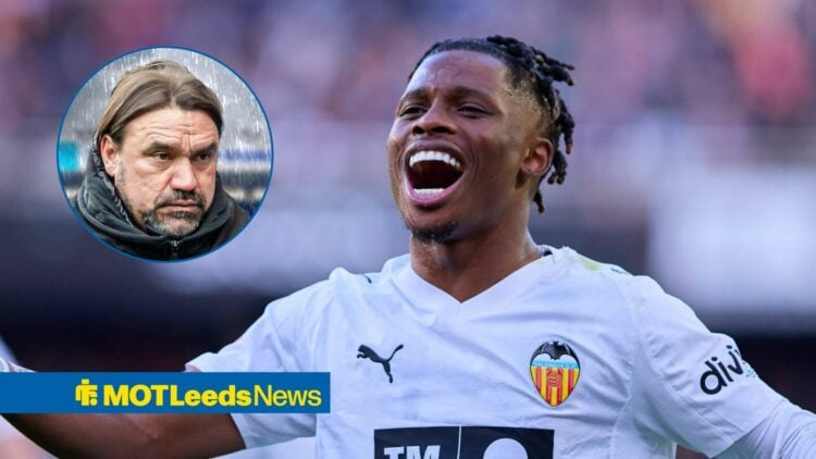 Largie Ramazani celebrates for Valencia with Daniel Farke in circular inset