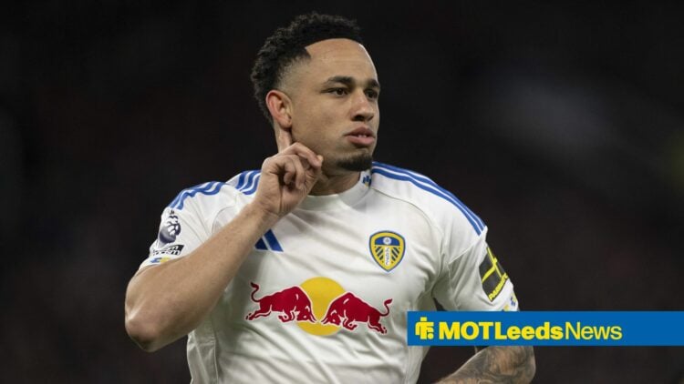 Noah Okafor celebrating scoring for Leeds against Manchester United at Old Trafford