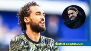 Dominic Calvert-Lewin smiling for Leeds as Daniel Farke looks on smiling in circular inset