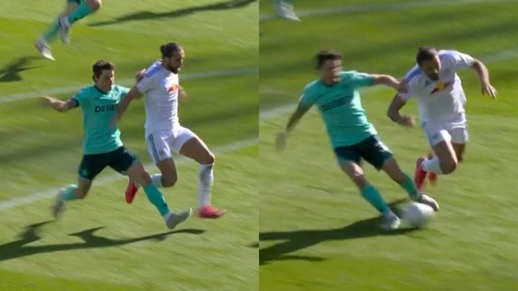 Hugo Bueno tackle on Dominic Calvert-Lewin in Leeds United 3-0 Wolves