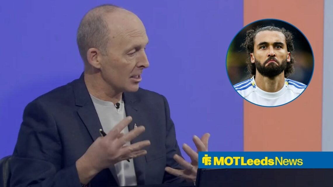 Mike Dean speaking on Sky Sports News looking towards a circle inset of Dominic Calvert-Lewin playing for Leeds United