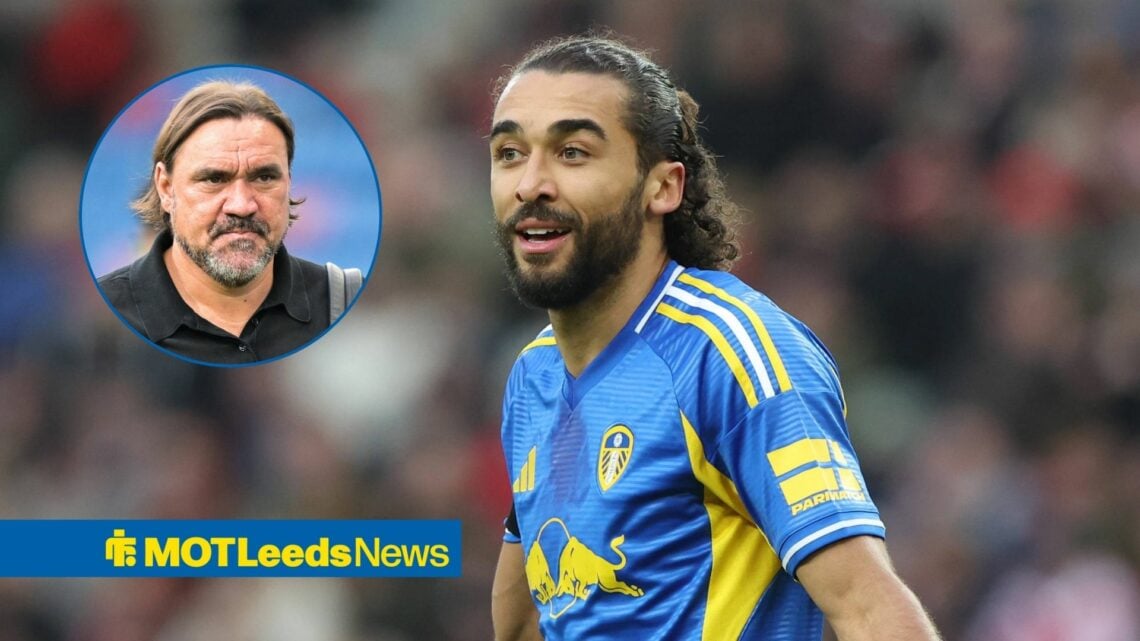 Dominic Calvert-Lewin in action for Leeds United with Daniel Farke looking on in circular inset