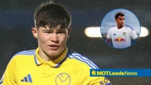 Alfie Cresswell with Jhon Solis in Leeds shirt in frame