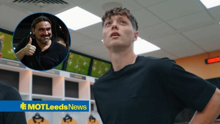 Wolves defender Ladislav Krejci is pictured on a tour of the Molineux dressing room, alongside a circular inset of Daniel Farke giving a thumbs up