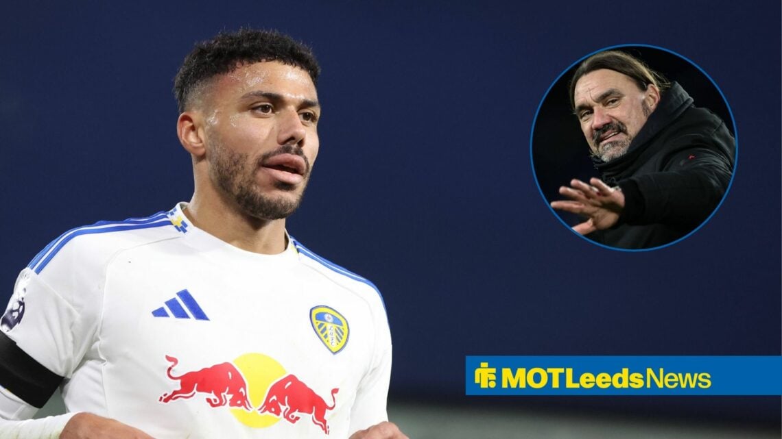 James Justin in action during a Leeds United match, alongside a circular inset of a smiling Daniel Farke (top right)