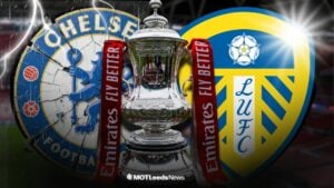 Chelsea and Leeds United badges behind the FA Cup
