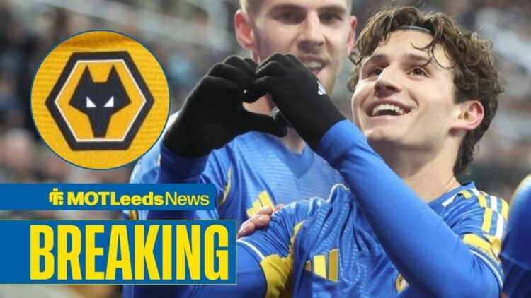 Brenden Aaronson celebrating for Leeds United looking towards a circle inset of the Wolves badge
