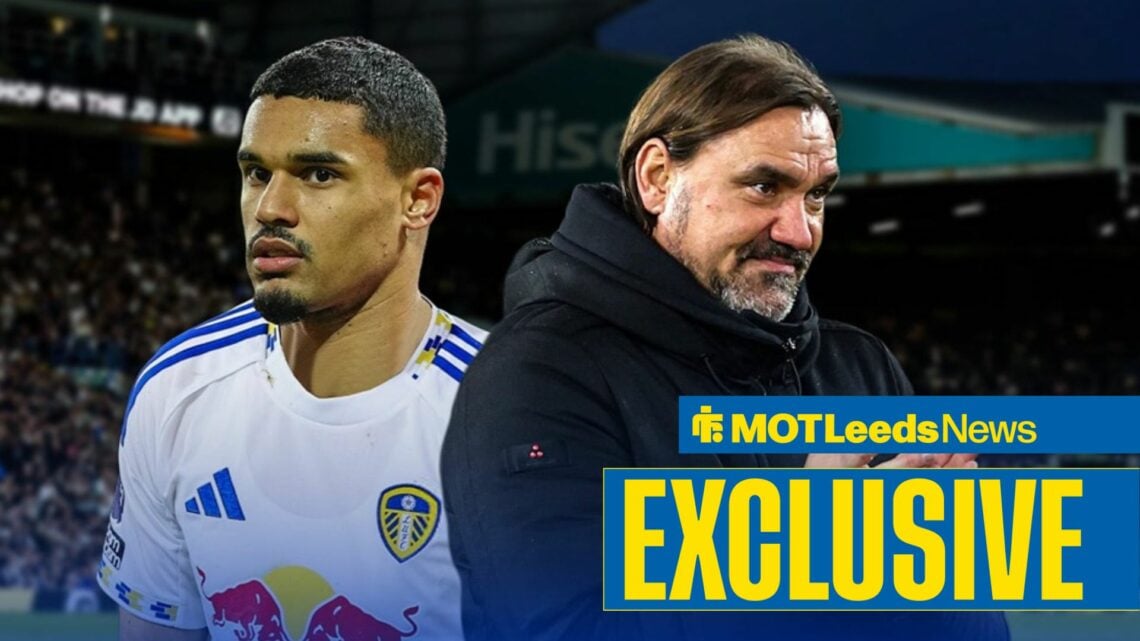 Danilho Doekhi in Leeds United shirt with Daniel Farke smiling