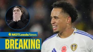 Noah Okafor playing for Leeds United looking towards Daniel Farke
