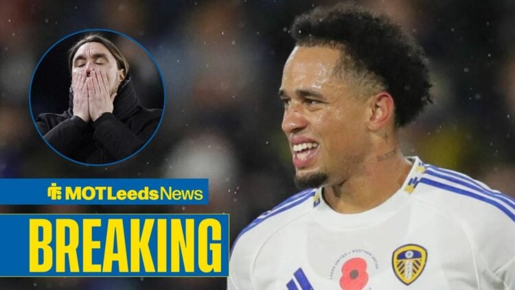 Noah Okafor playing for Leeds United looking towards Daniel Farke