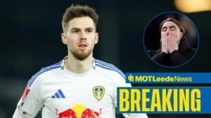 Anton Stach looking at Leeds United manager Daniel Farke while wearing an FA Cup Leeds shirt.