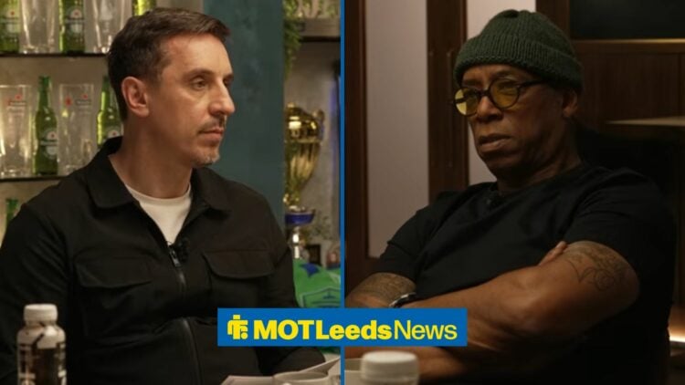 Gary Neville looking annoyed on The Overlap towards Ian Wright looking annoyed on The Overlap