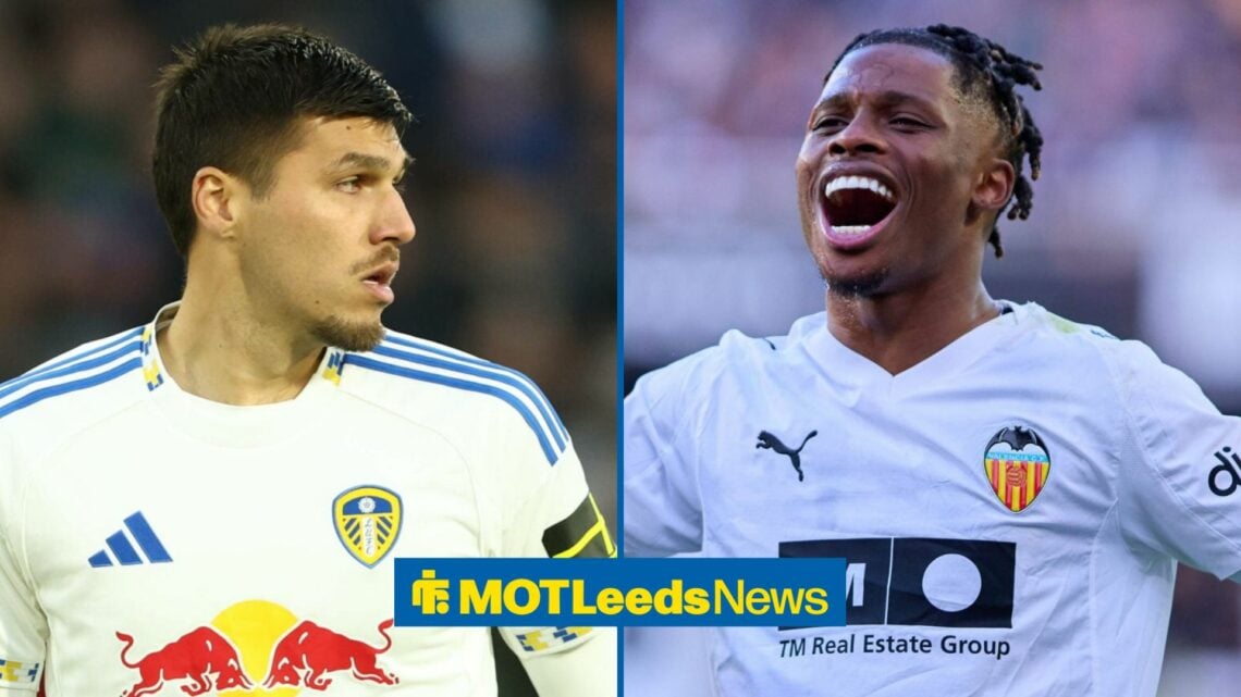 Leeds striker Joel Piroe (left) looks dejected during a match while Largie Ramazani (right) shouts in celebration after scoring a goal for Valencia