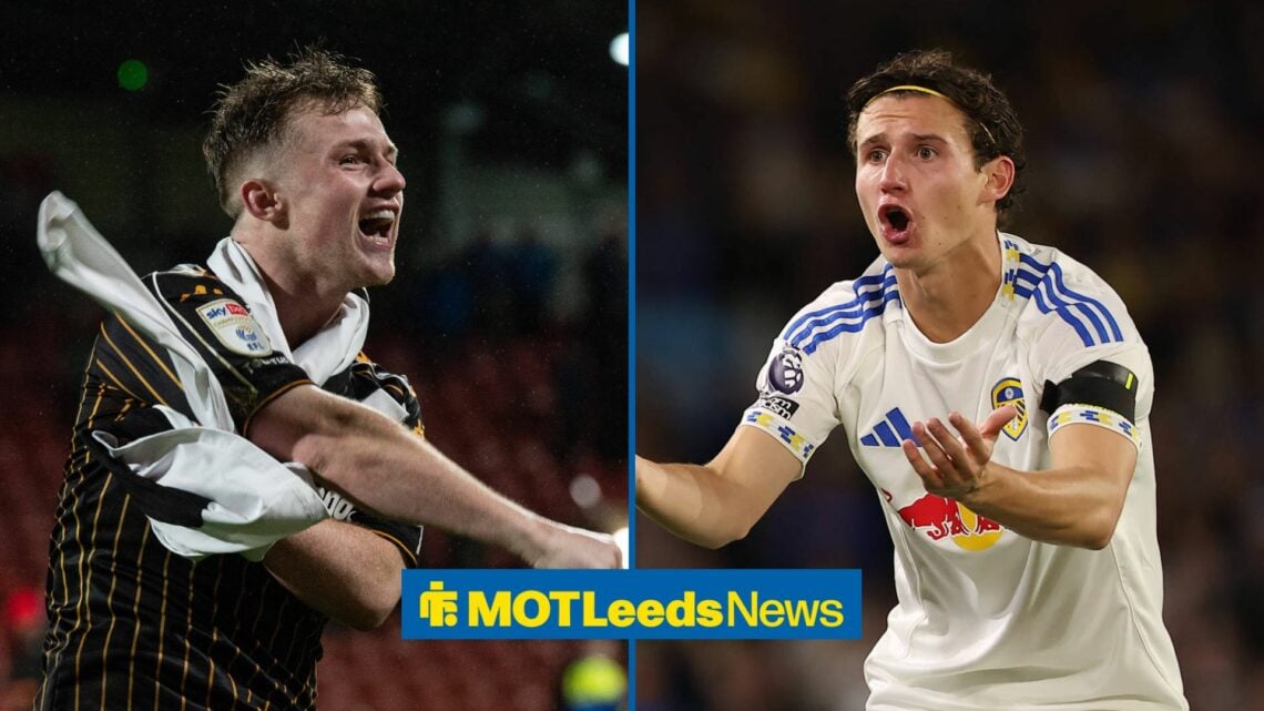 Joe Gelhardt celebrating at Hull with Brenden Aaronson playing for Leeds