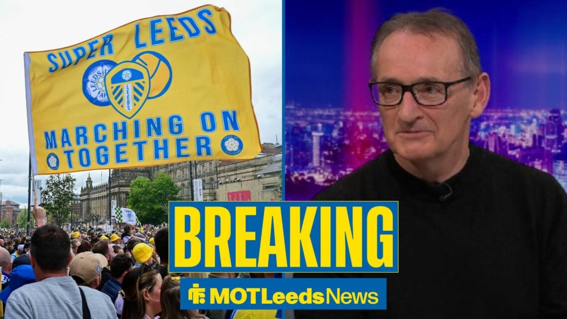 Leeds United fans are celebrating in a 50/50 image with pundit Pat Nevin.