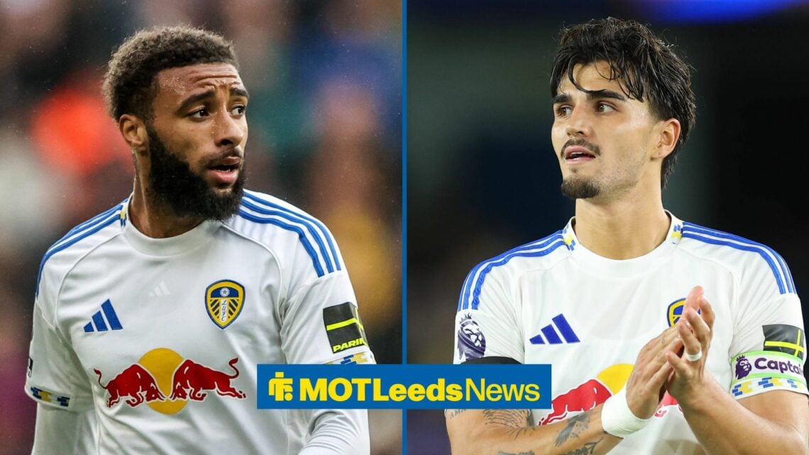 Jayden Bogle looking worried on the left with Pascal Struijk on the right