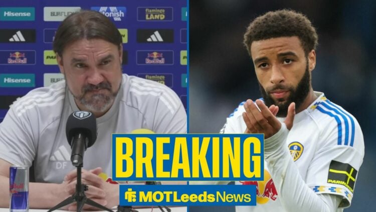 Daniel Farke, Leeds United boss, looking at his player Jayden Bogle.