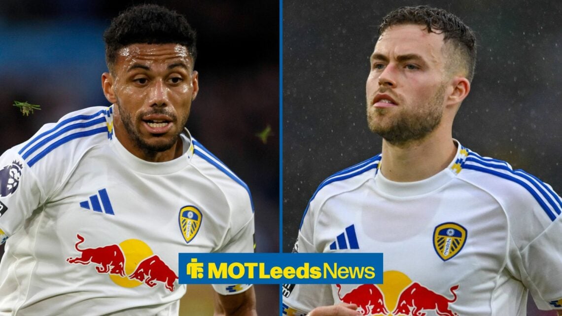 James Justin in action for Leeds with Gabriel Gudmundsson also in action for Leeds