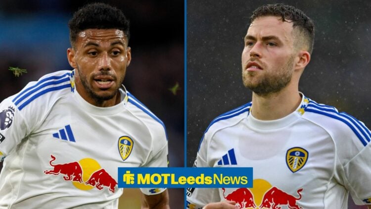 James Justin in action for Leeds with Gabriel Gudmundsson also in action for Leeds