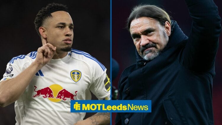 Daniel Farke the Leeds United manager at the end of the Premier League match between Manchester United and Leeds United at Old Trafford and Noah Ok...