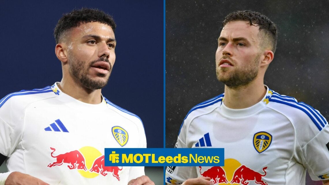 James Justin in action for Leeds on the left with Gabriel Gudmundsson in action for Leeds on the right