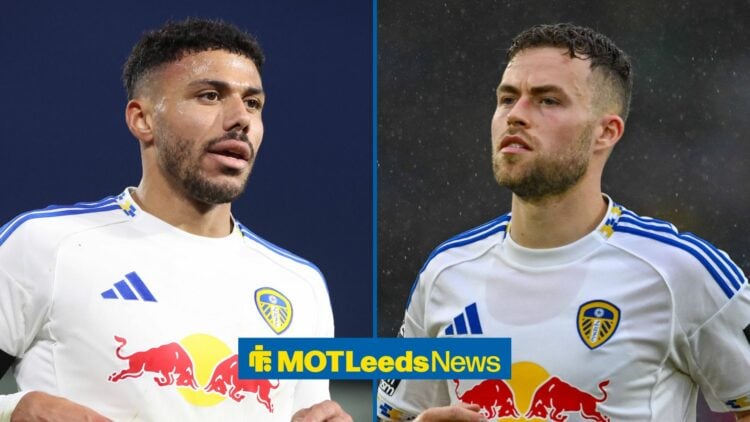 James Justin in action for Leeds on the left with Gabriel Gudmundsson in action for Leeds on the right