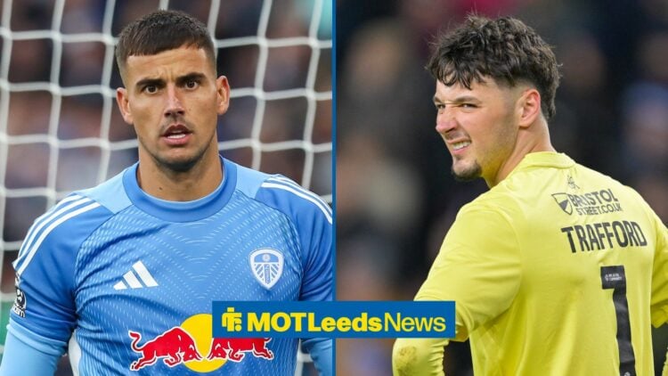 Karl Darlow in net for Leeds United on the left with James Trafford smiling on the right