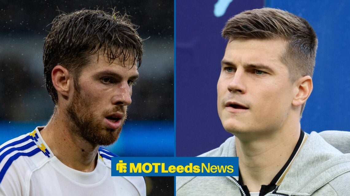 Anton Stach on the left in action for Leeds with Jaka Bijol on the right