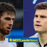 Anton Stach on the left in action for Leeds with Jaka Bijol on the right