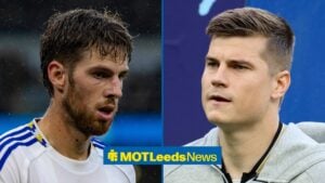 Anton Stach on the left in action for Leeds with Jaka Bijol on the right