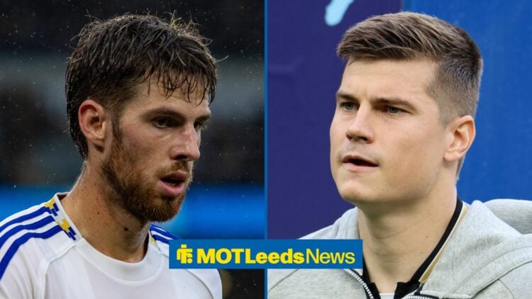 Anton Stach on the left in action for Leeds with Jaka Bijol on the right