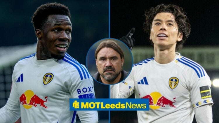 Leeds forward Wilfried Gnonto looks to his left during a match (left), Ao Tanaka puts his finger up in celebration after a goal (right), with a cir...