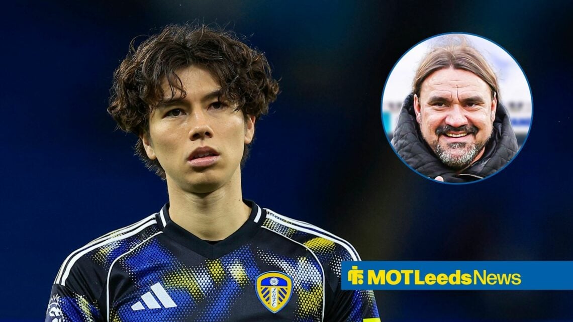 Ao Tanaka 22 of Leeds United at the end of the Premier League match between Manchester City and Leeds United, Daniel Farke smiling in inset.