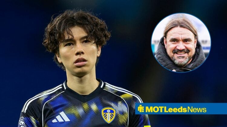 Ao Tanaka 22 of Leeds United at the end of the Premier League match between Manchester City and Leeds United, Daniel Farke smiling in inset.