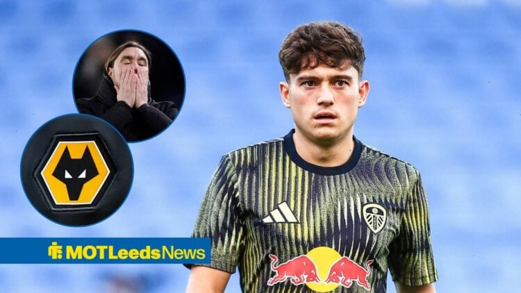 Dan James in Leeds United training, Daniel Farke reacts to a missed chance vs Manchester City, Wolves badge in inset.