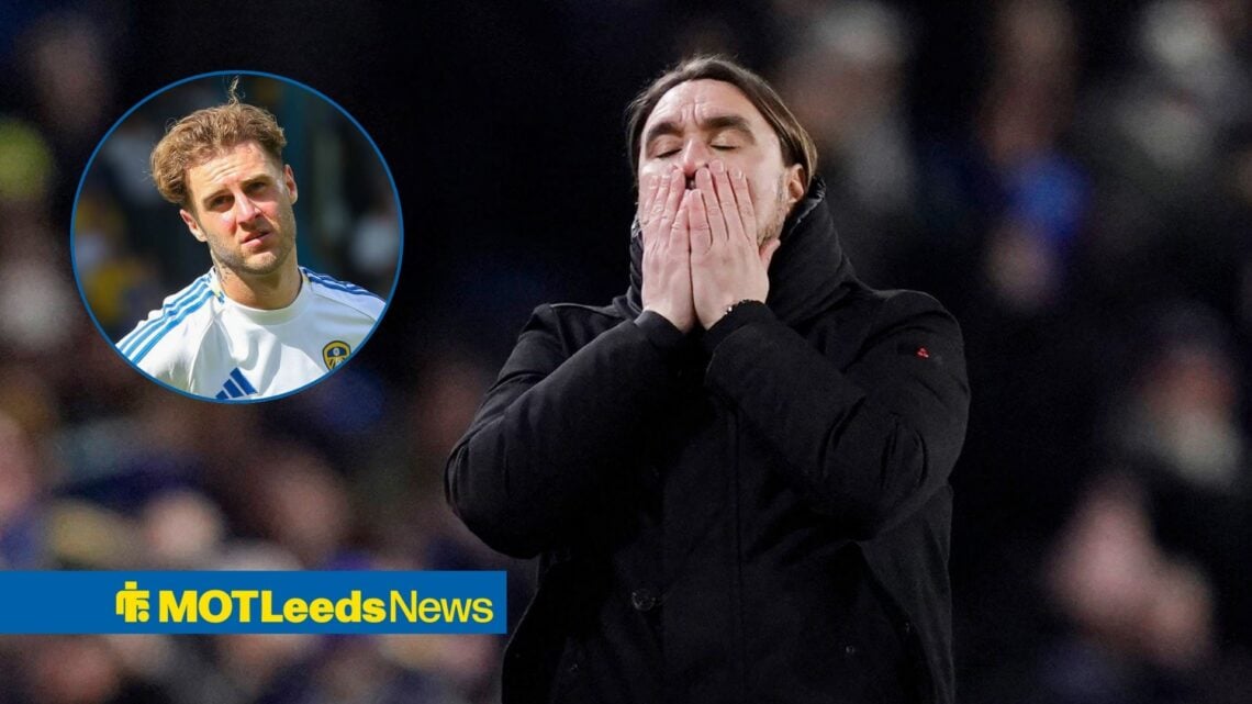 Daniel Farke manager of Leeds United reacts to a missed chance during the Leeds United vs Manchester City Premier League match, Joe Rodon looking m...