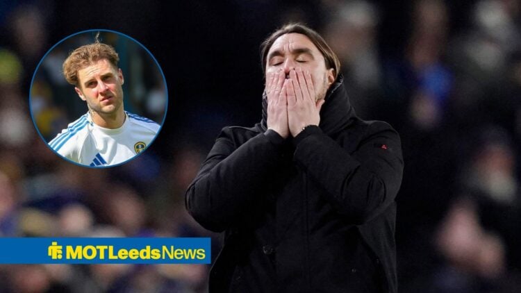 Daniel Farke manager of Leeds United reacts to a missed chance during the Leeds United vs Manchester City Premier League match, Joe Rodon looking m...