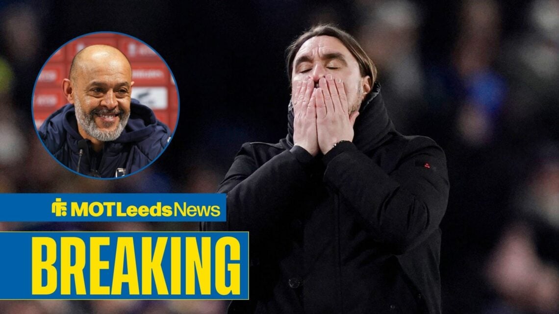 Daniel Farke manager of Leeds United reacts to a missed chance during the Leeds United vs Manchester City Premier League match, Nuno Espirito Santo...