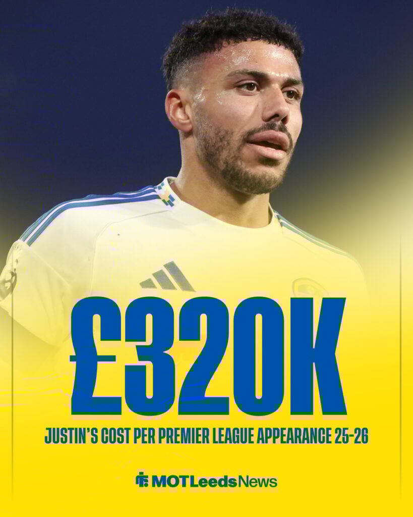 James Justin's cost per Premier League appearance for Leeds United in 2025-26