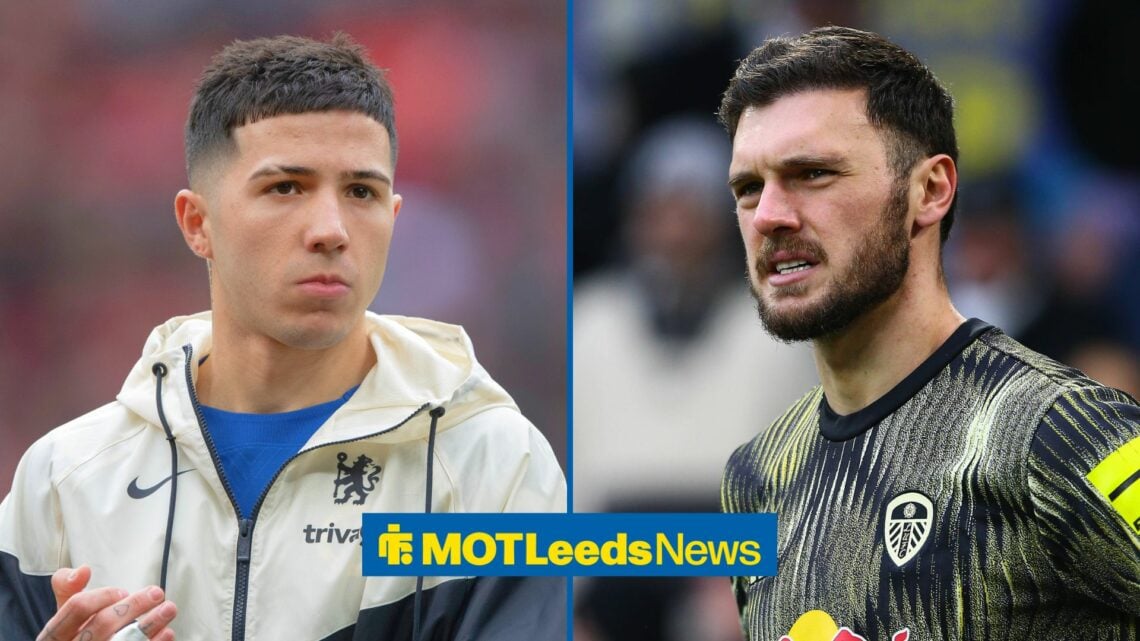 Split image of Chelsea midfielder Enzo Fernandez and Leeds United goalkeeper Lucas Perri