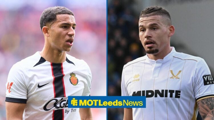 Split image of Leeds United striker Mateo Joseph playing for Real Mallorca and Kalvin Phillips
