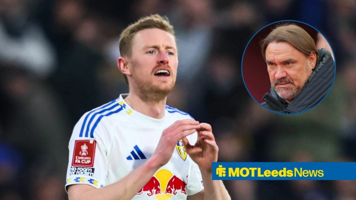 Leeds United midfielder Sean Longstaff as main image with Daniel Farke in circular inset on right