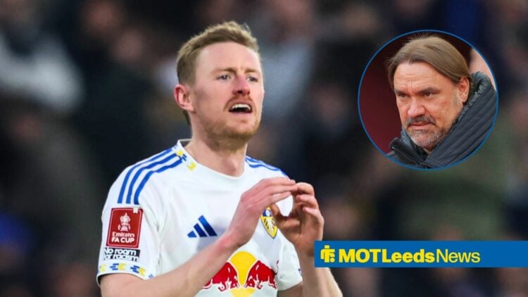 Leeds United midfielder Sean Longstaff as main image with Daniel Farke in circular inset on right