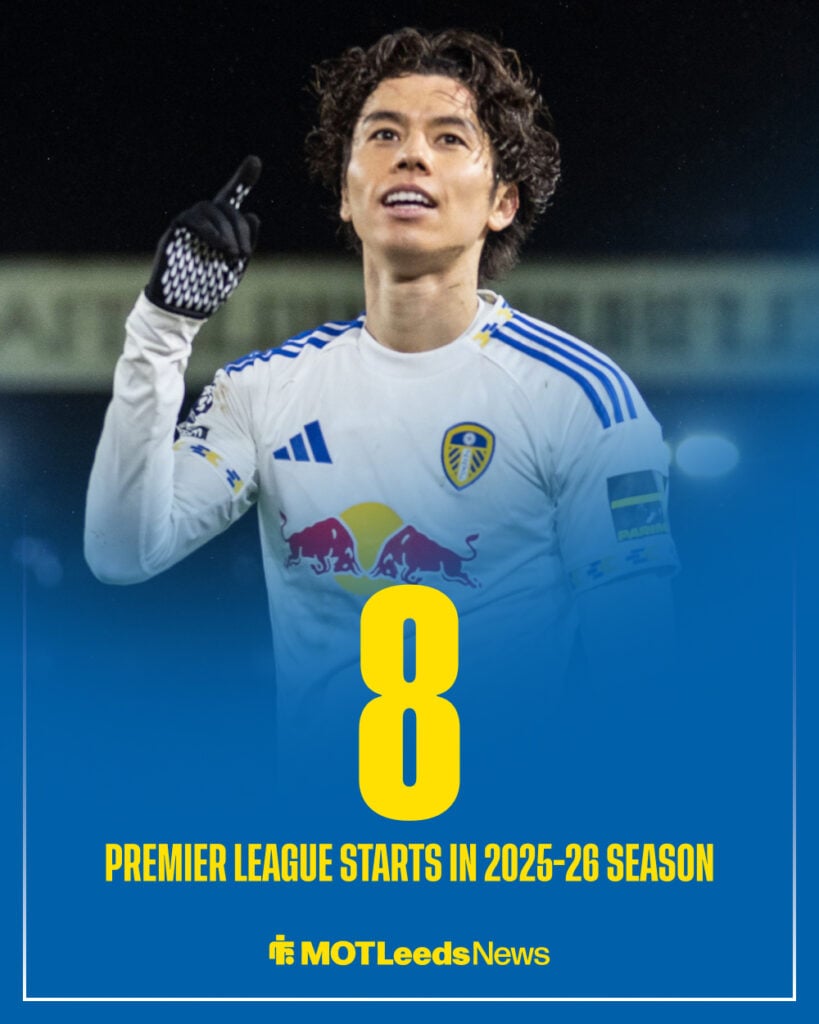 Leeds United midfielder Ao Tanaka in the background with stat of Premier League starts in 2025-26 season