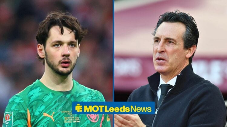 Split image of Leeds United target James Trafford and Aston Villa manager Unai Emery