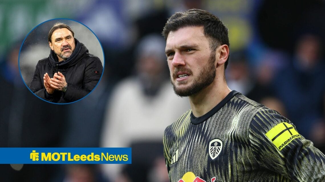Lucas Perri of Leeds United stands before the Premier League match with Fulham, Daniel Farke clapping in inset.