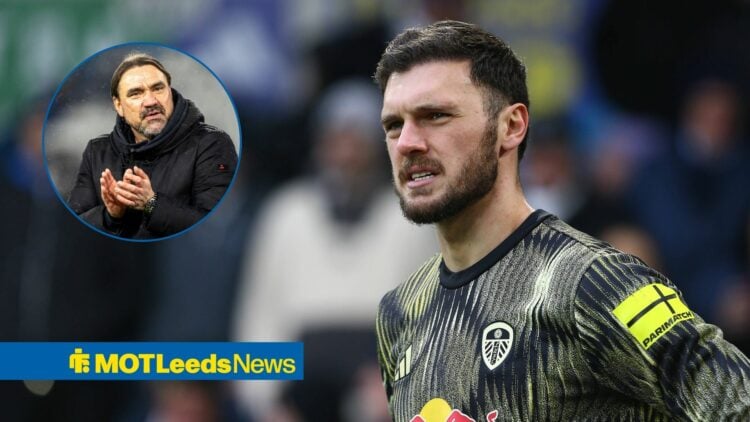 Lucas Perri of Leeds United stands before the Premier League match with Fulham, Daniel Farke clapping in inset.