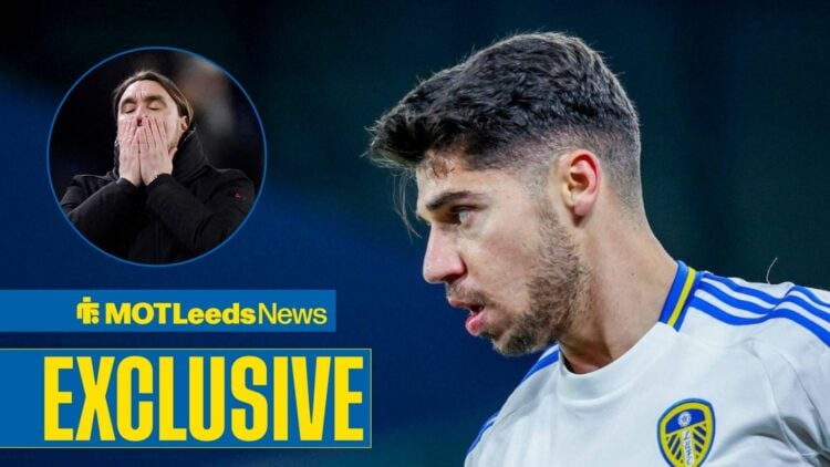 Manor Solomon in action for Leeds United, Daniel Farke reacts to a missed chance vs Manchester City.