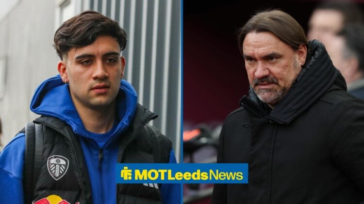 Facundo Buonanotte pictured outside Elland Road, with Daniel Farke alongside him in a split image