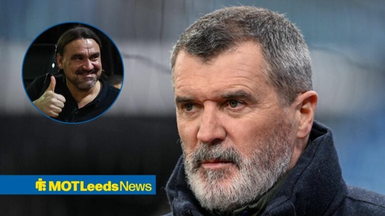 Roy Keane looking angry in the direction of a happy Leeds United manager, Daniel Farke.
